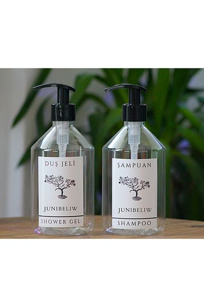junibeliw Set de 2 sticle de plastic transparente BOŞ Sticlă de șampon cu gel de duș 2x500ml