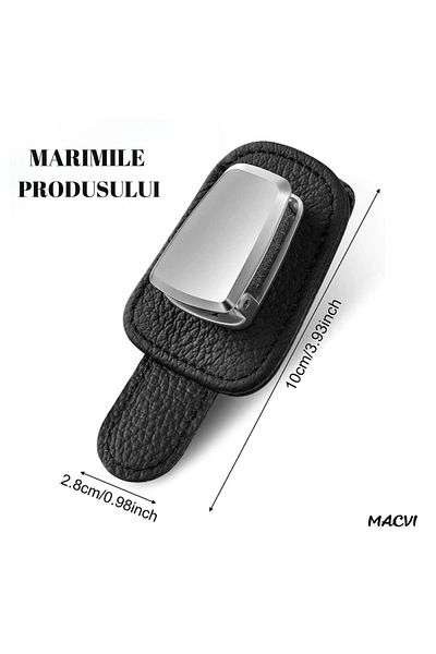 MACVI Suport ochelari auto Macvi®, prindere la parasolar, piele si aluminiu, 5x10 cm, negru