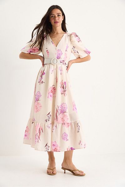 Bianco Lucci Women's V-Neck Watermelon Sleeves Belted Floral Patterned Lined Viscose Linen Dress 3040 60283363