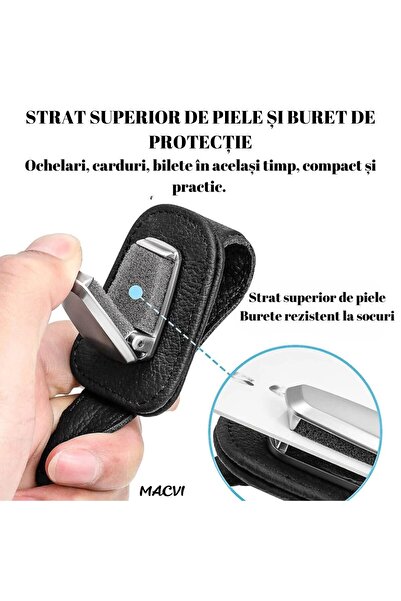 MACVI Macvi® car glasses holder, sun visor mount, leather and aluminum, 5x10 cm, black
