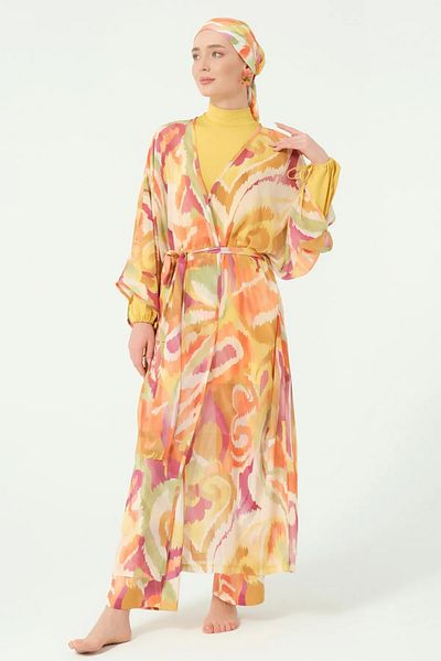 Bordomix 7114 Women's Yellow Patterned Detailed Belted Long Pareo - Beach Dress