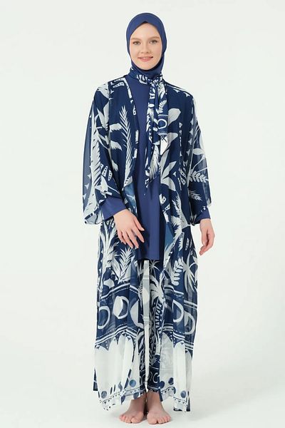 Bordomix 7182 Women's Navy Blue Patterned Long Belted Pareo - Beach Dress