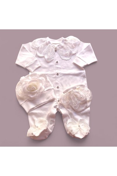 Şeker Tadında Tasarımlar Baby Girl White Rose Detailed Jumpsuit Set