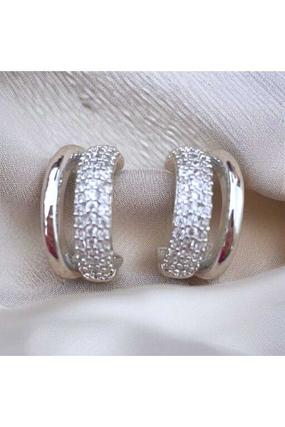 feyza collection Zircon Stone Double Hoop Vip Steel Earrings