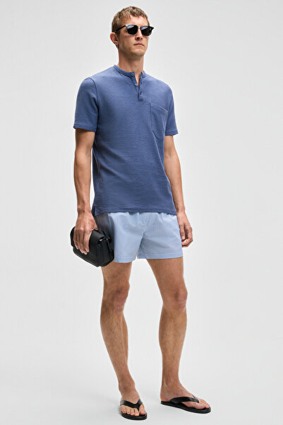 GRIMELANGE Ανδρικό μπλουζάκι ERMAC με κοντό μανίκι Indigo με γιακά δικαστή