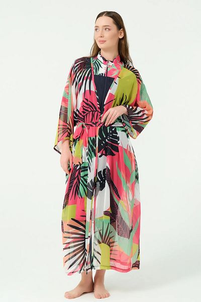 Bordomix 7172 Women's Colorful Floral Patterned Belted Long Pareo - Beach Dress