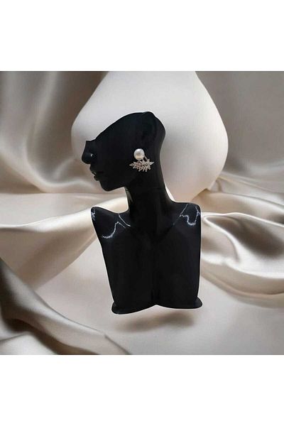 feyza collection Zircon Stone Leaf Motif Pearl Detail Vip Steel Earrings