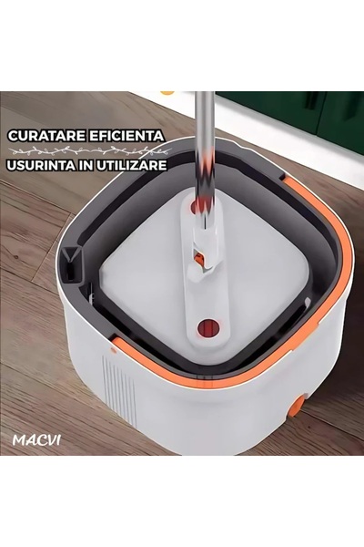 MACVI Mop Rotativ Macvi® cu Galeata, 2 lavete microfibra, Rotatie 360°, Stoarcere Automata, Gri Deschis
