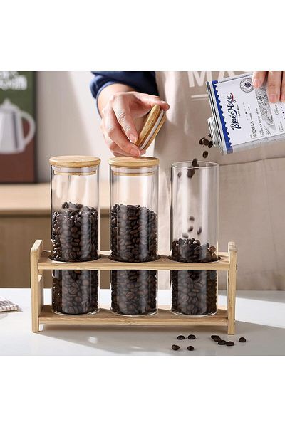 COOYA 3 Pcs Glass Spice Jars,With can holder,silicone sealing Bamboo Lids,For Kitchen Storage