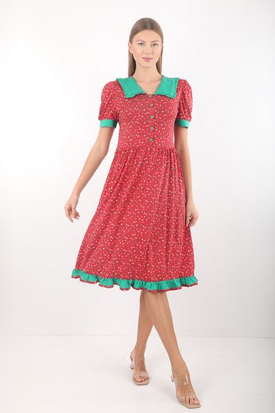 Wild Love Floral Patterned Red Dress with Green Piping and Ruffle Detail
