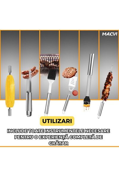 MACVI Set accesorii gratar Macvi® 25 piese, otel inoxidabil premium, geanta transport aluminiu 43x27x8cm