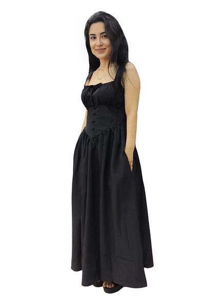 BUSEM Thick Strap Square Neck Front Button Detailed Long Slim Fit Linen Princess Dress