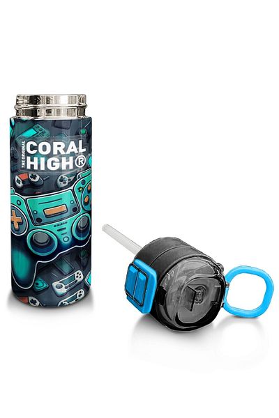 Coral High Kids Men's Patterned Straw and Direct Drinking Steel Thermos 500 ml