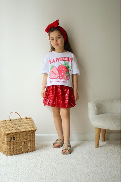 SANTRALBEBE Girl's Strawberry Printed Sequin Skirt Suit