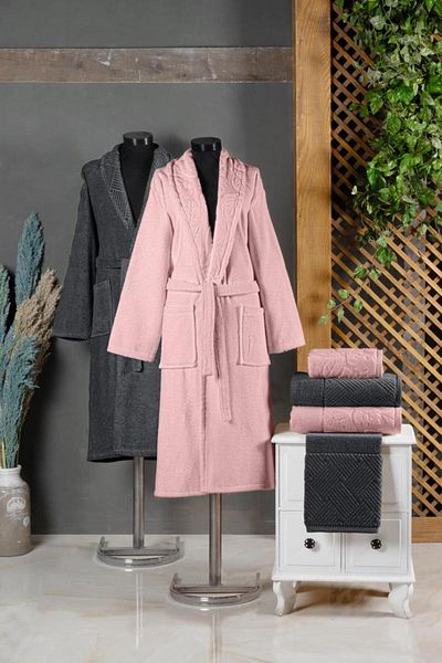 Stylish Home SET HALATE PENTRU 2 PERSOANE ESSE -6pcs -ANTHRACITE/PINK