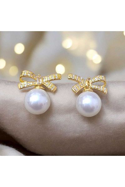 feyza collection Zircon Stone Pearl Bow Model Vip Steel Earrings