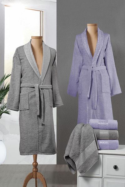 Stylish Home SET HALATE PENTRU 2 PERSOANE CONTRASLI -6pcs-DARK GRAY/PLUM