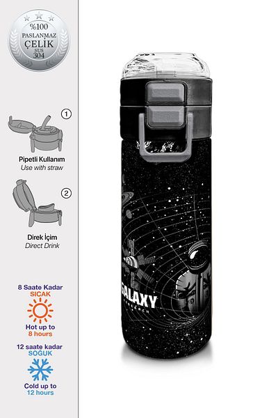 Coral High Kids Men's Patterned Straw and Direct Drinking Steel Thermos 500 ml