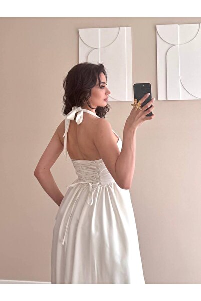 LOCH BUTİK Dámské midi šaty s bílou stélkou a dlouhým tylovým výstřihem