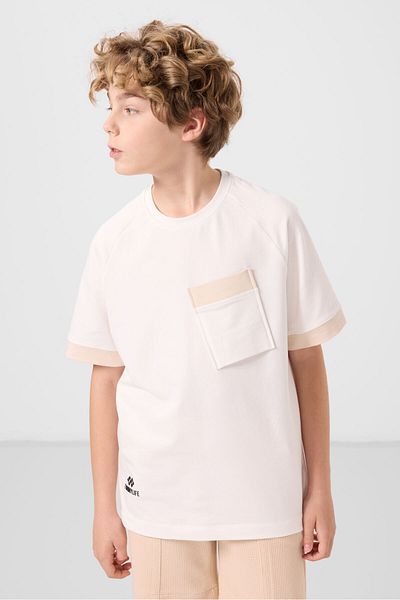 TOMMY LIFE Ecru Cotton Soft Textured Oversize Pocket Detailed Boy's T-Shirt - 11295