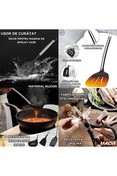 MACVI 20 Piece Kitchen Utensil and Knife Set with Macvi® Holder, Cutter, Silicone Utensils