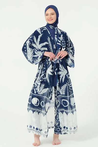 Bordomix 7182 Women's Navy Blue Patterned Long Belted Pareo - Beach Dress
