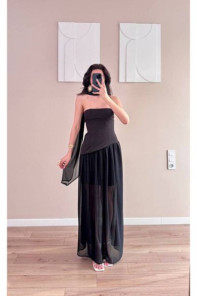 LOCH BUTİK Rochie de damă cu șal negru cu fustă plisată din șifon
