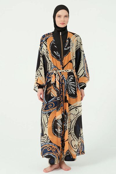 Bordomix 7156 Women's Black Orange Patterned Belted Long Pareo - Beach Dress