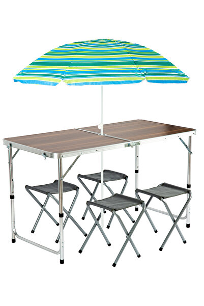 Funky Chairs Şemsiyeli Tabureli Katlanabilir Piknik Masası Seti - Ahşap Desen