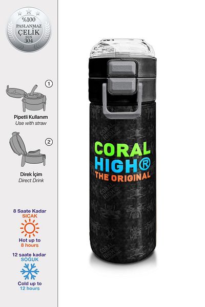 Coral High Kids Men's Patterned Straw and Direct Drinking Steel Thermos 500 ml