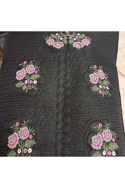 Vinezza Home Collection Pink Flower Motif Machine Embroidery Etamine Fabric Single Prayer Rug