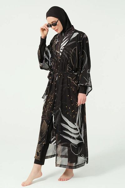 Bordomix 7140 Women's Black Gold Detailed Belted Long Pareo - Beach Dress