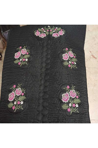 Vinezza Home Collection Pink Flower Motif Machine Embroidery Etamine Fabric Single Prayer Rug