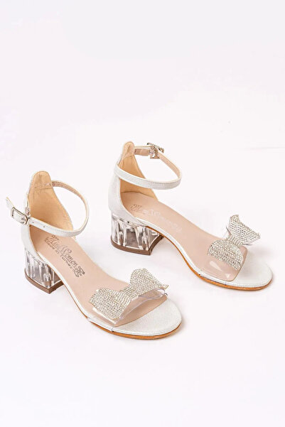 NeSe Shoes Girl's Transparent Bow Stone Detailed Heeled Shoes, Girl's Evening Dress Shoes