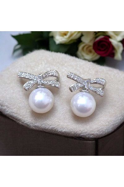 feyza collection Zircon Stone Pearl Bow Model Vip Steel Earrings