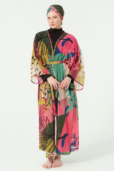 Bordomix 7142 Women's Black Colored Patterned Belted Long Pareo - Beach Dress