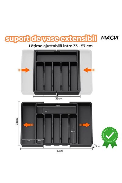 MACVI Organizator tacamuri sertar extensibil Macvi® 8 compartimente bloc pentru cutite detasabil negru