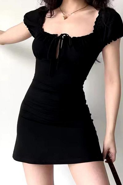 Karakedi Gothic Shirred Neck and Sleeve Detail Lace up Mini Black Short Sleeve Dress