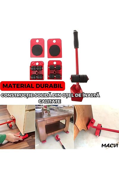 MACVI Set levier cu role si 4 suporturi pivotante Macvi®, cu roti, mobilier si electrocasnice, max 600 kg