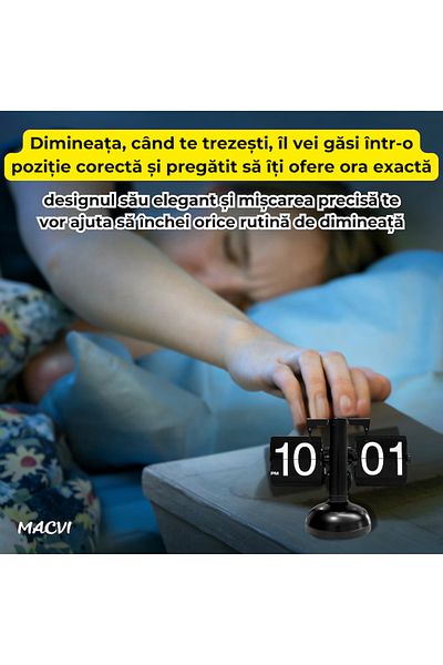 MACVI Ceas flip Macvi® retro, numere mari, otel inoxidabil, cu baterii, negru, vintage, suport metal