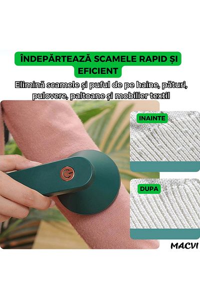 MACVI Aparat de indepartat scame Macvi®, incarcare USB, utilizare 4 ore, curatare uscata, verde