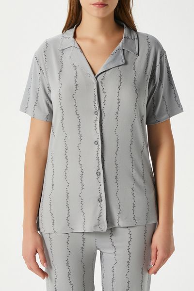 Ritnice Women's Spring Soft Texture Gray Spring Branch Front Button Short Sleeve Pajama Set