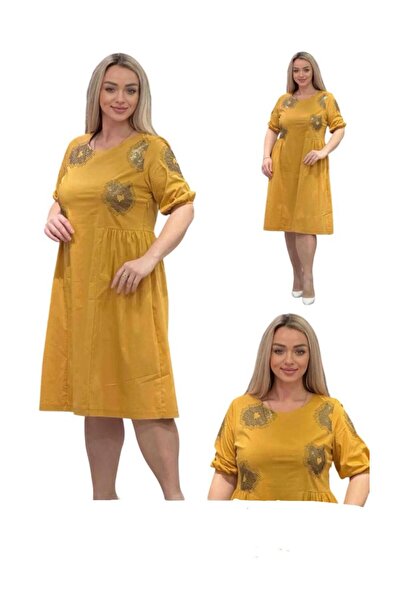 TESSY KADIN YUVARLAK YAKA PUL DETAYLI KOLLARI LASTİKLİ MİDİ BOY BÜYÜK BEDEN ELBİSE