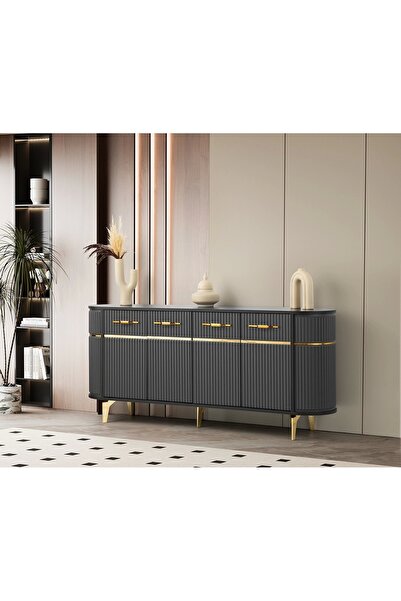 Evistro Yemek Odası Konsol 4 Kapaklı Antrasit-Gold 180cm-Kurulu Gönderilir