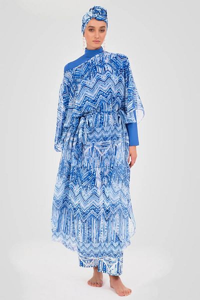 Bordomix 7054 Women's Blue Patterned Belted Long Pareo - Beach Dress