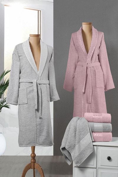 Stylish Home SET HALATE PENTRU 2 PERSOANE CONTRASLI -6pcs -LIGHT GRAY/POWDER PINK