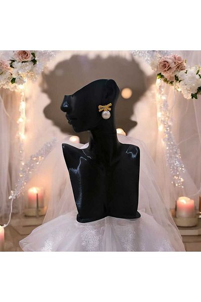 feyza collection Zircon Stone Pearl Bow Model Vip Steel Earrings