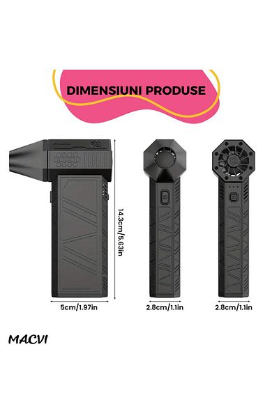 MACVI Suflanta aer fara fir Macvi® X3 motor puternic 130000RPM, baterie interna, flux aer reglabil, negru
