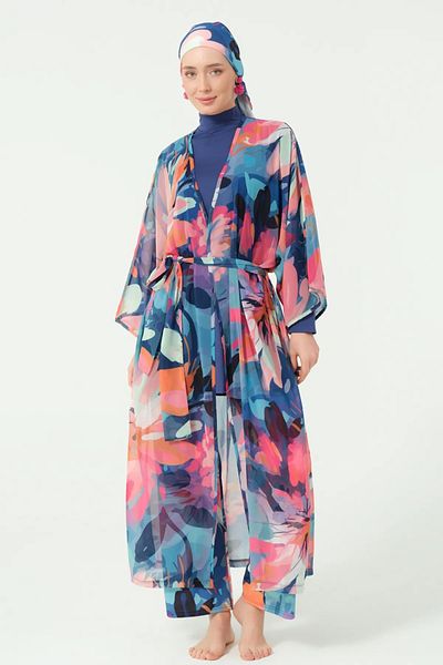 Bordomix 7163 Women's Blue Floral Patterned Long Pareo - Beach Dress