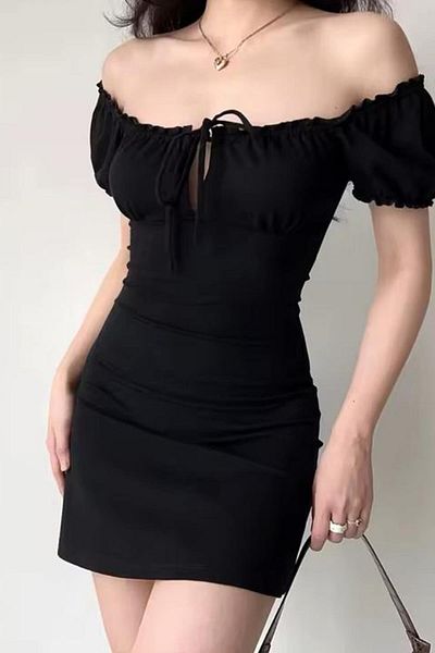 Karakedi Gothic Shirred Neck and Sleeve Detail Lace up Mini Black Short Sleeve Dress
